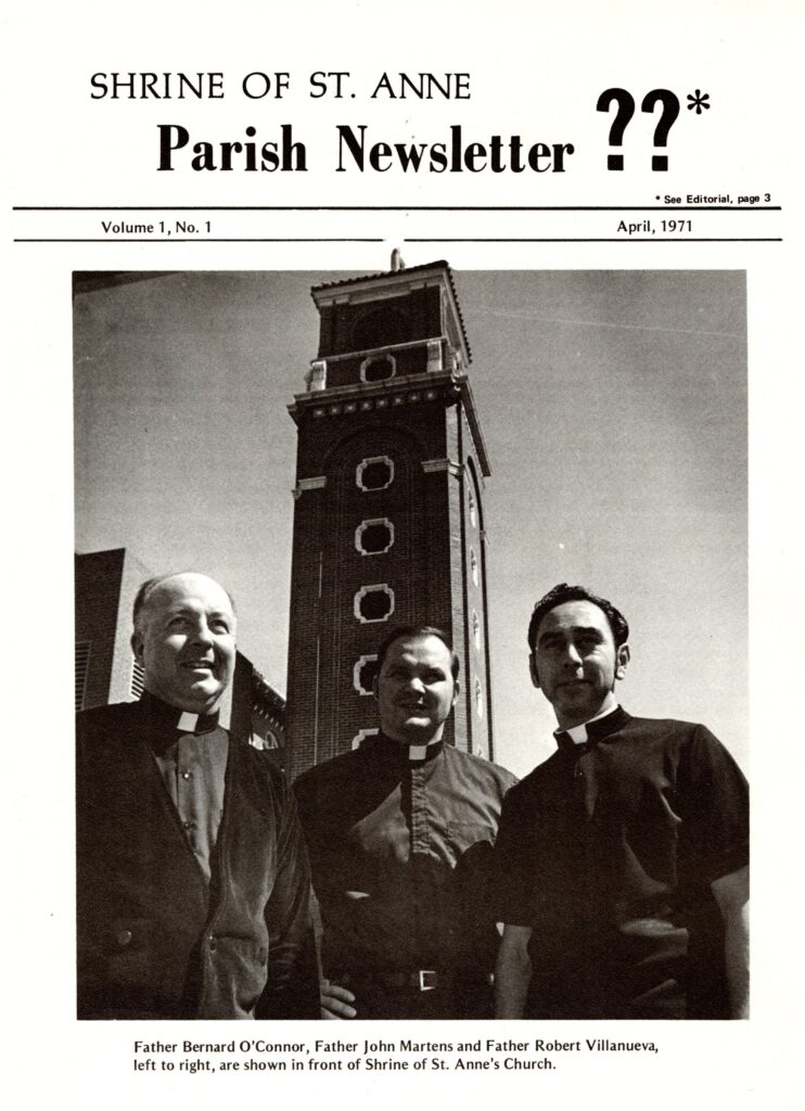 Shrine of St. Anne Parish Newsletter welcoming the Claretians, 1971